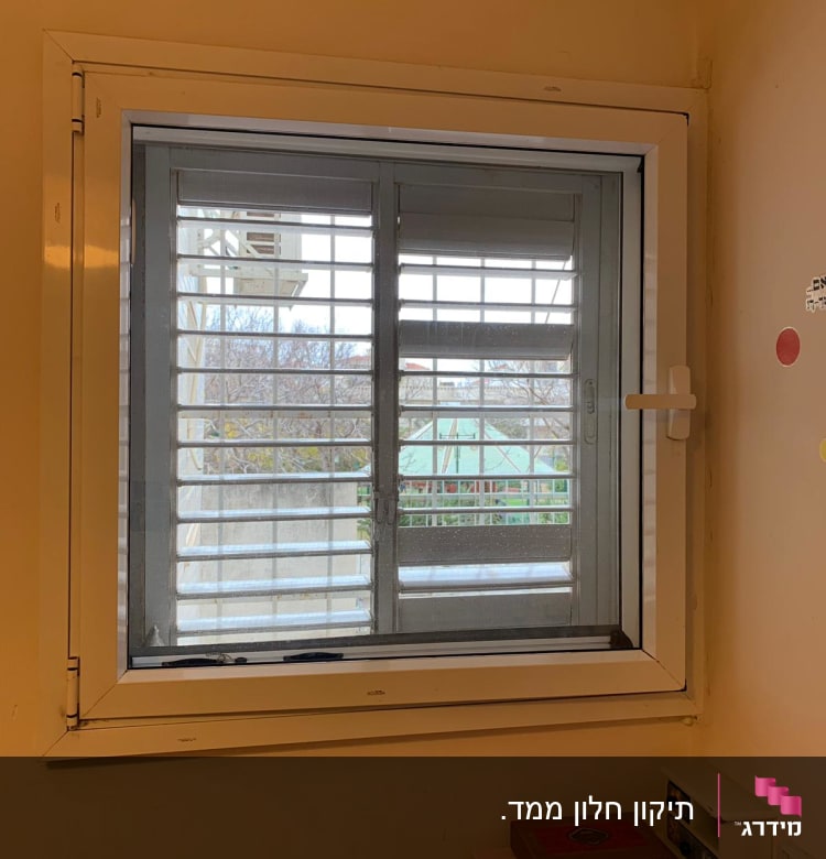 תריסים לבנים על חלון עם ידית סגירה